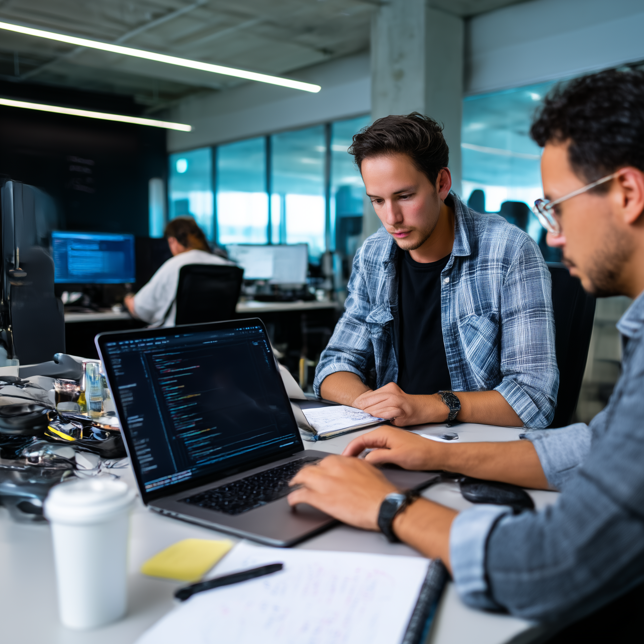 Developer working in open space with supervisor