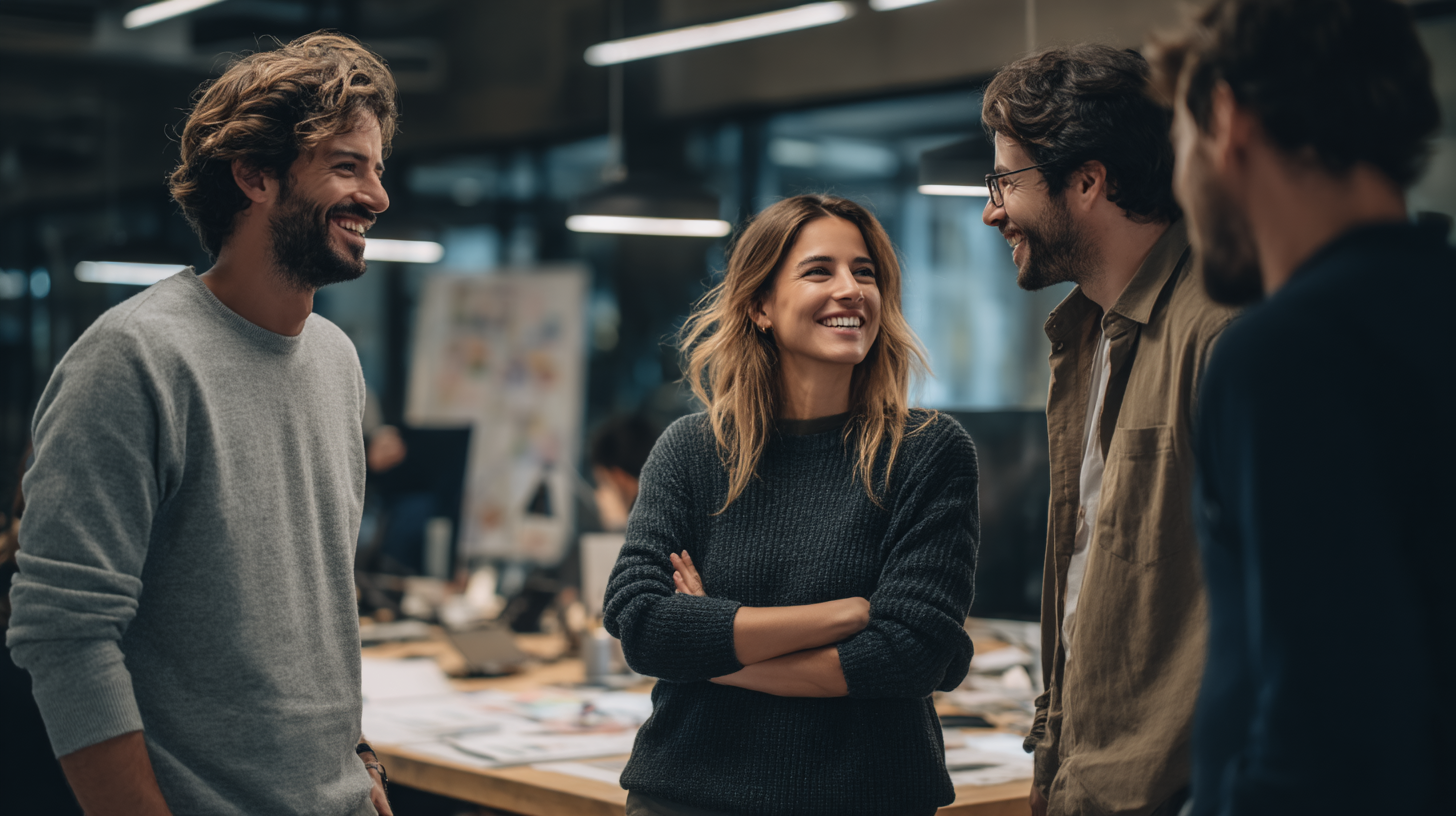 Team discussing in a modern office environment