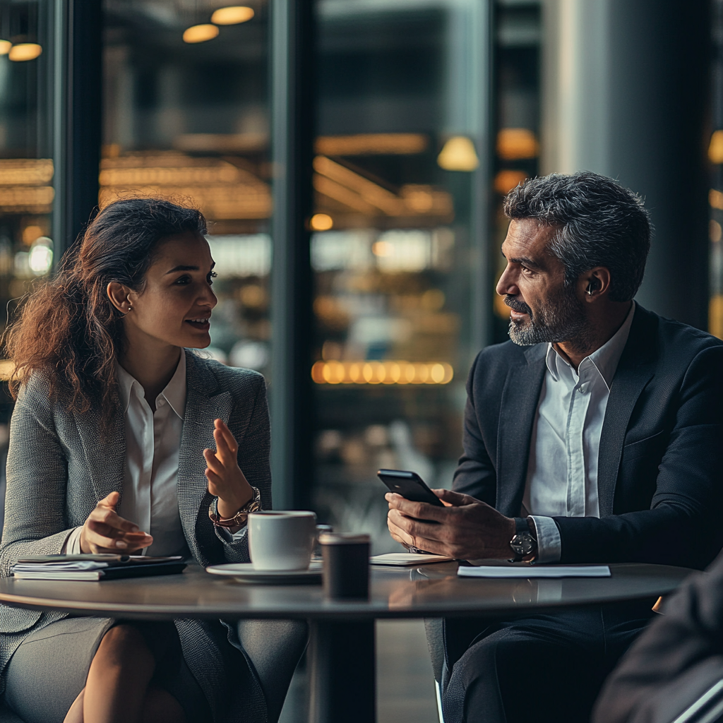 Executive mentoring a younger colleague over coffee
