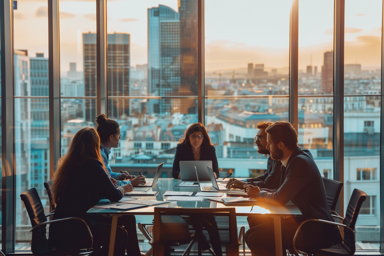 Lawyers Collaborating in Modern Meeting Room