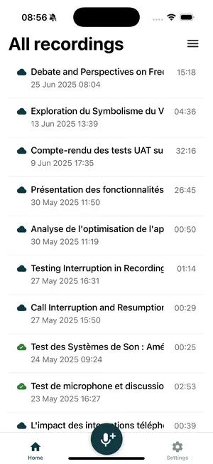 List of all recorded meetings in the iPhone app, with date and duration