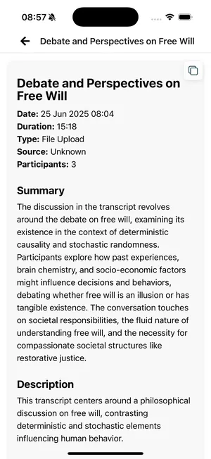 Meeting page on iPhone: duration, participants, summary, access to transcript and documents