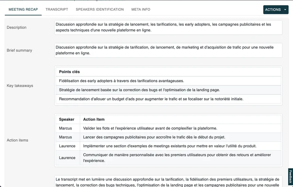 Meeting summary in Meetingize: description, key points, action items by participant