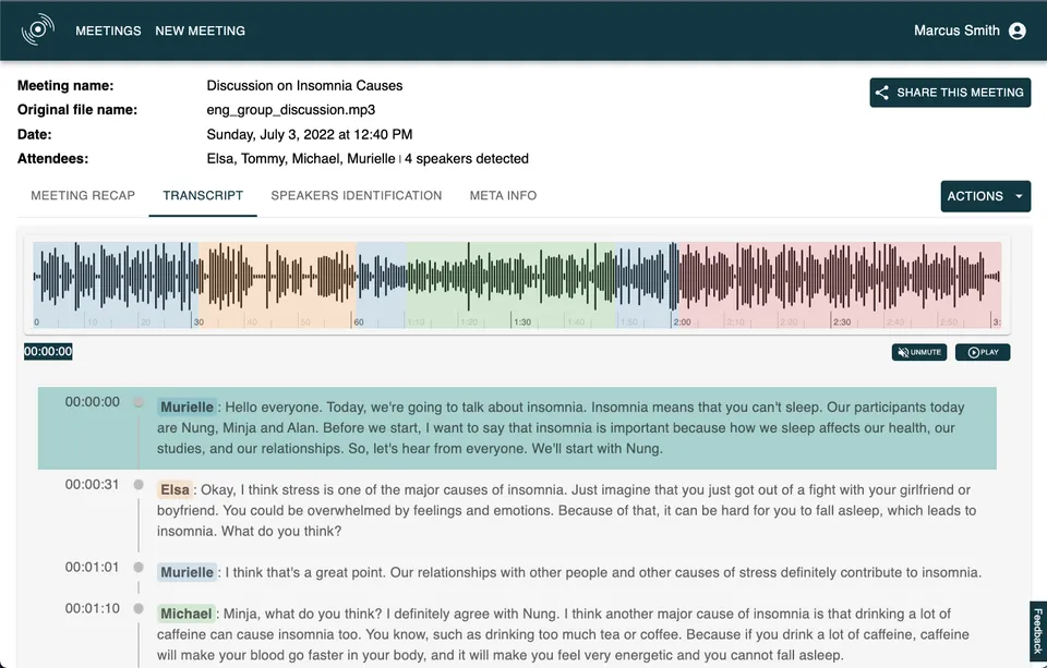 Timestamped transcript by speaker with the audio waveform