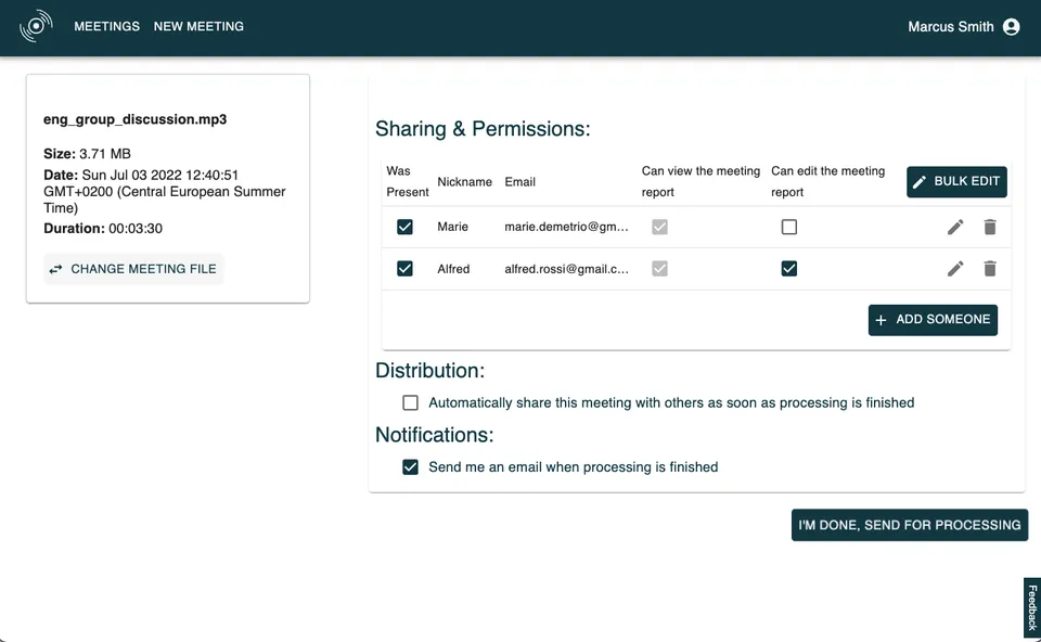 Uploading an audio file and setting sharing options